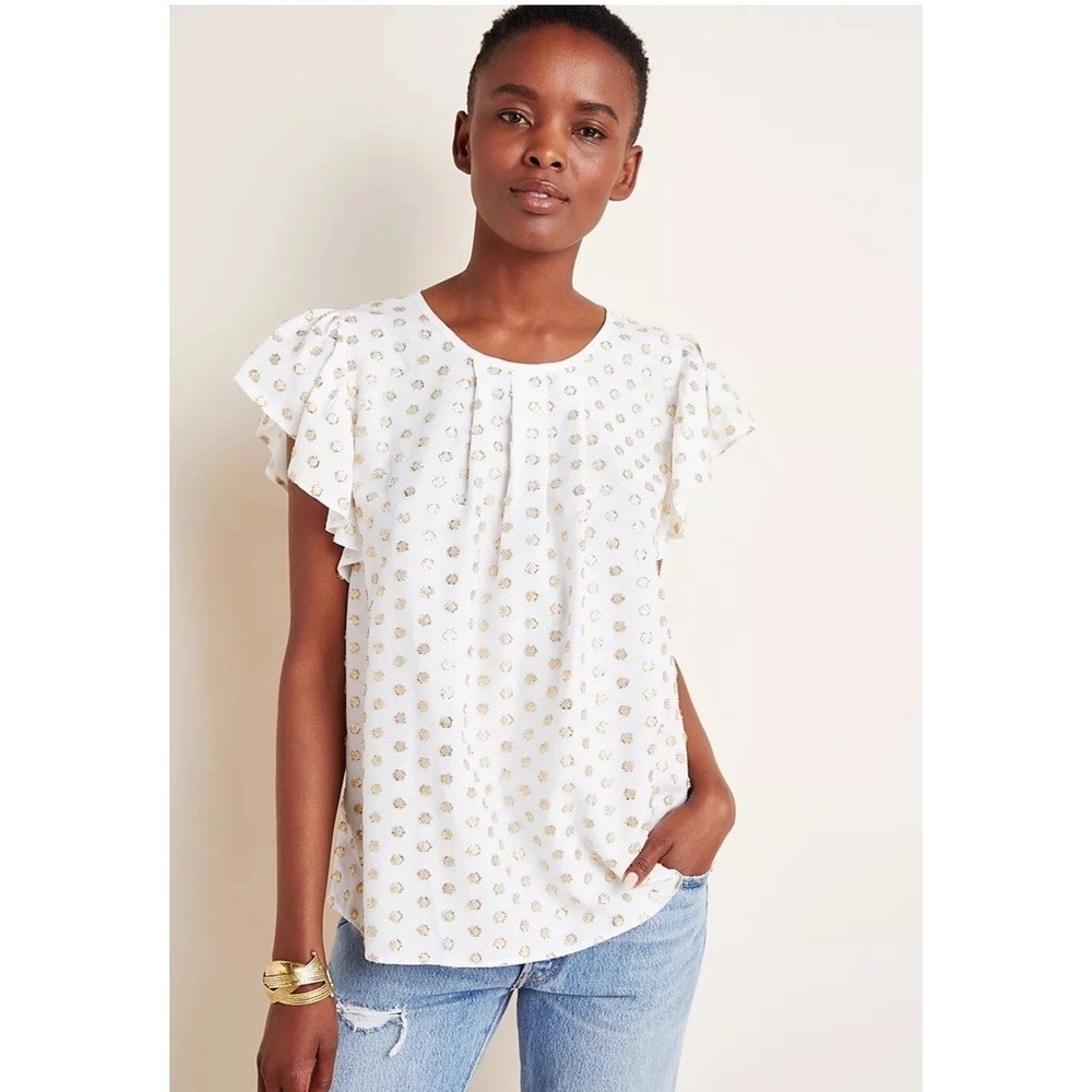 Anthropologie Amadi Blouse Aria Shimmer Gold Polka Dot Flutter Sleeve Top Medium
